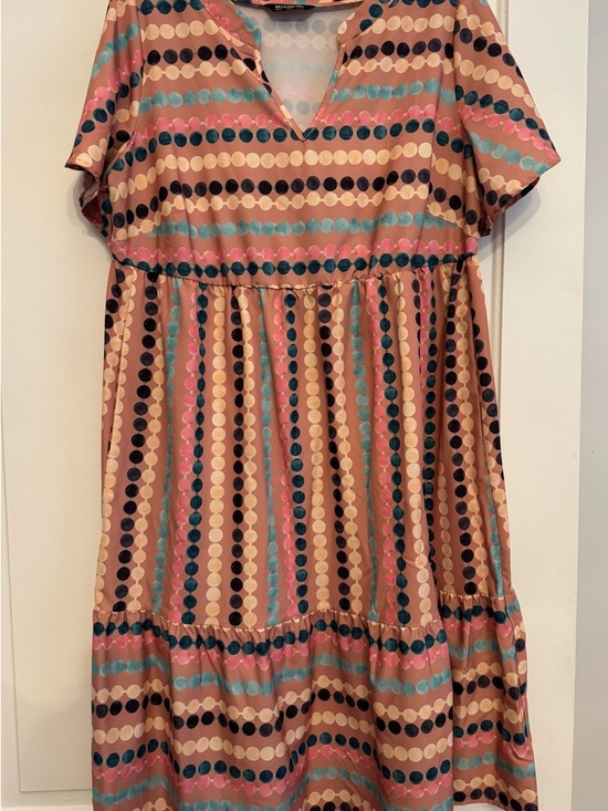 BloomChic Dresses & Skirts - BloomChic Pink Teal Cream Dot-Stripe Dress